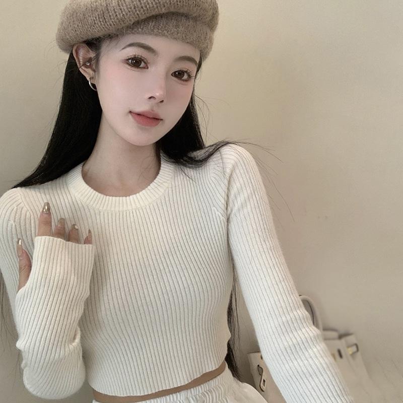 

Корейский свитер Весна Женщины Slim Fit Круглый вырез Универсальный короткий круглый вырез Топы Y2K