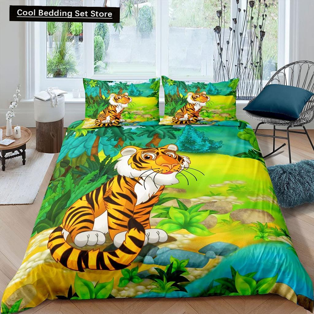 Cartoon Tiger Duvet Cover King Queen Animal Forest Theme Bedding Set for Kids Boys Girls Jungle Wildlife Polyester Quilt Cover