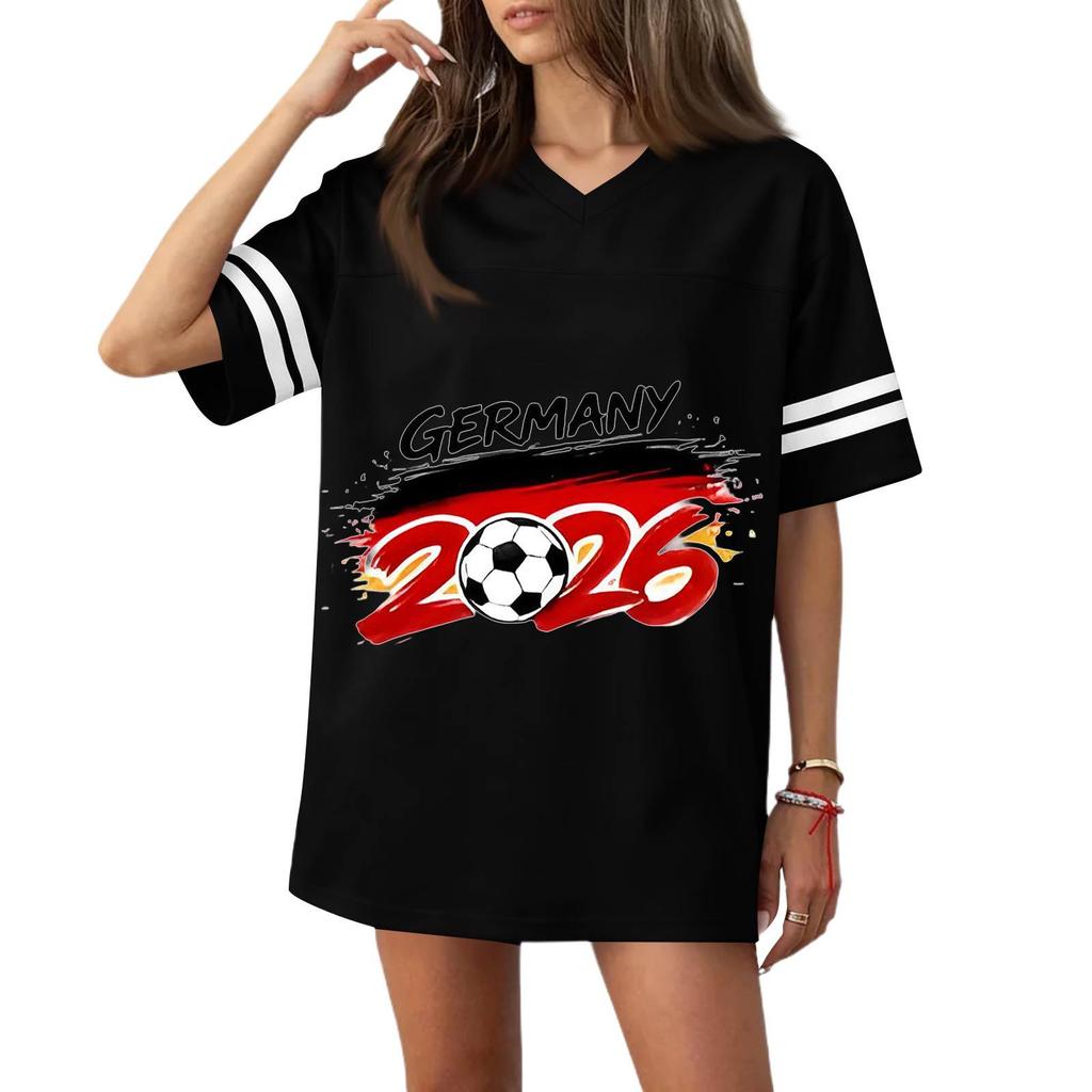 Women’s Casual V Neck Football Jersey Style Short Sleeve Top with Germany 2026 Soccer Flag Print Loose Fit Sports T Shirt