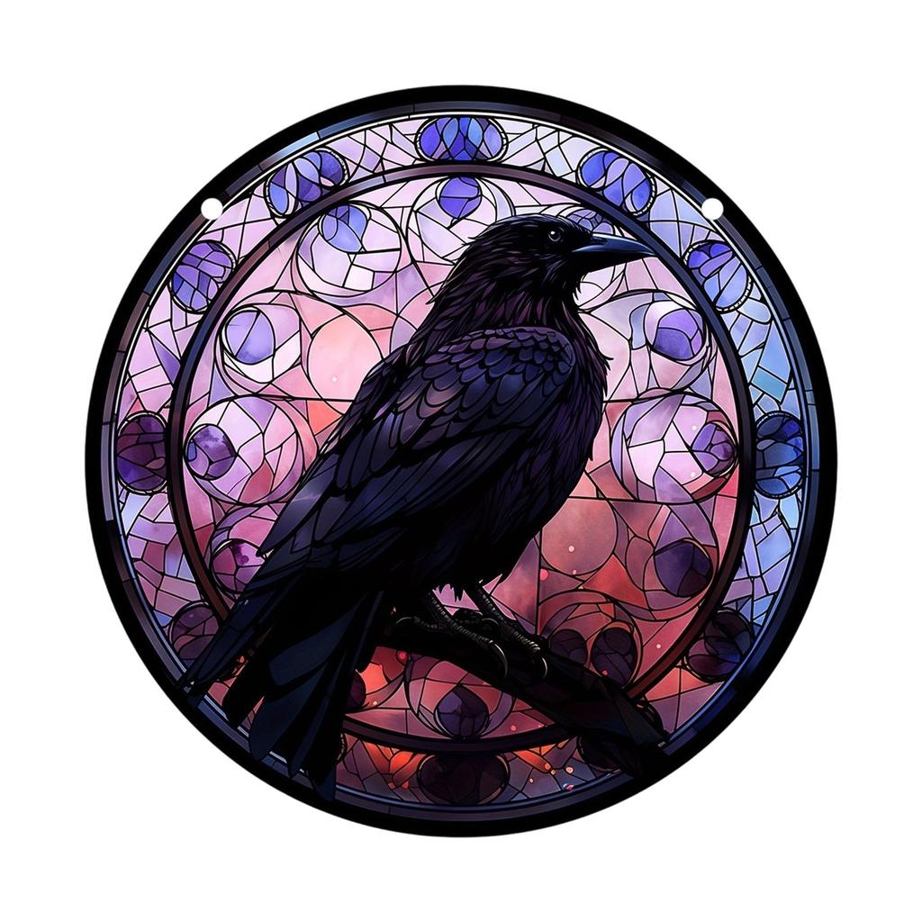 Raven Stained Glass Suncatcher Window Hanging Decoration Halloween Gothic Crow Glass Ornament for Window Home Kitchen