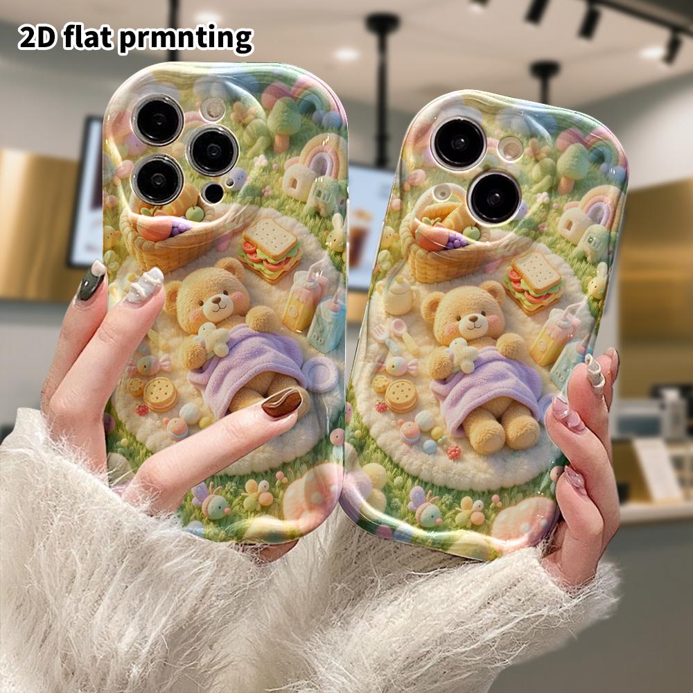 Phone Case: 2D flat, fits iPhone 18, 17, 16, 15, 14, 13, 12Pro protective case, little bear picnic on the grass, perfect Christmas and Halloween holid