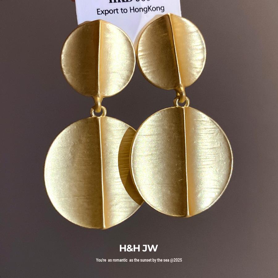 Silver needle brushed round pendant earrings light luxury high-end stud earrings women's European and American retro exaggerated temperament earrings