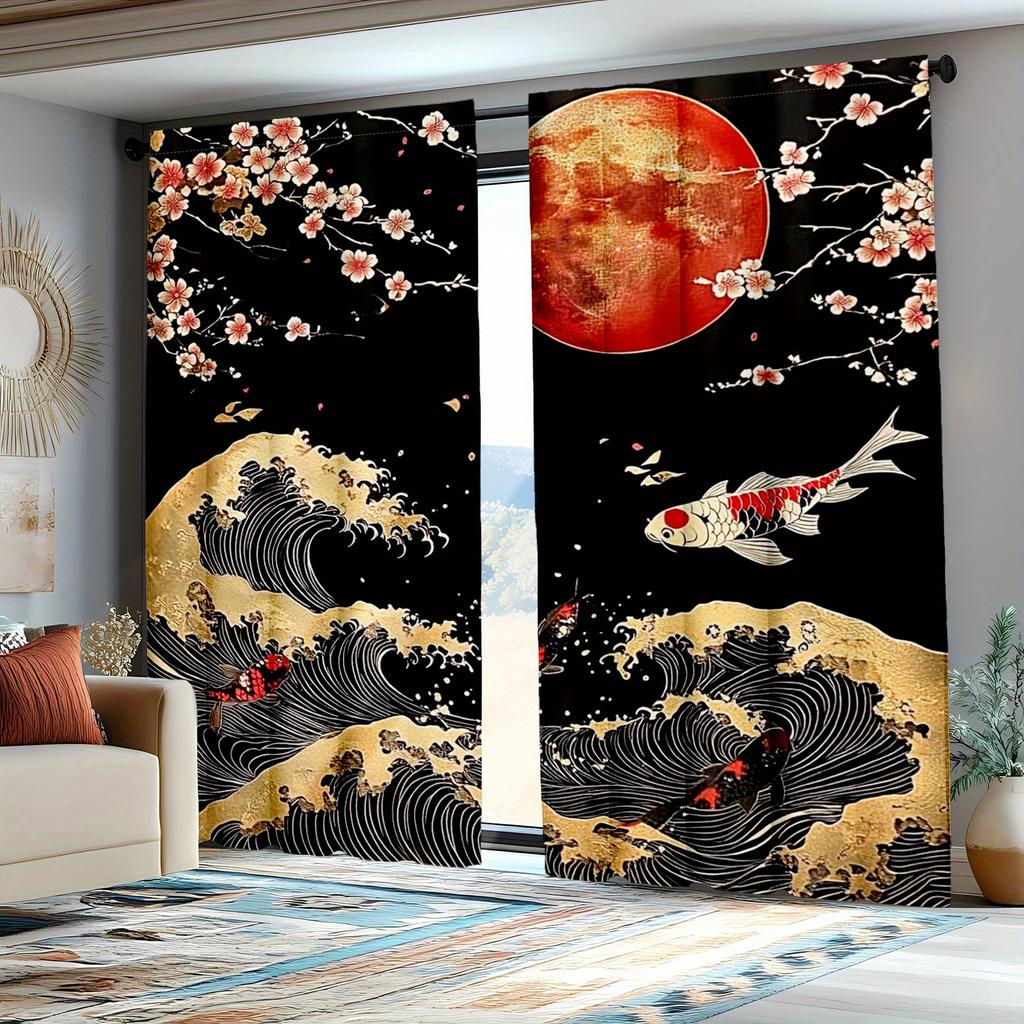 Set Of 2 Koi Fish Kitchen Curtains Japanese Cherry Blossom Sea Wave Design Polyester Ideal Bedroom Curtain For Decor Made