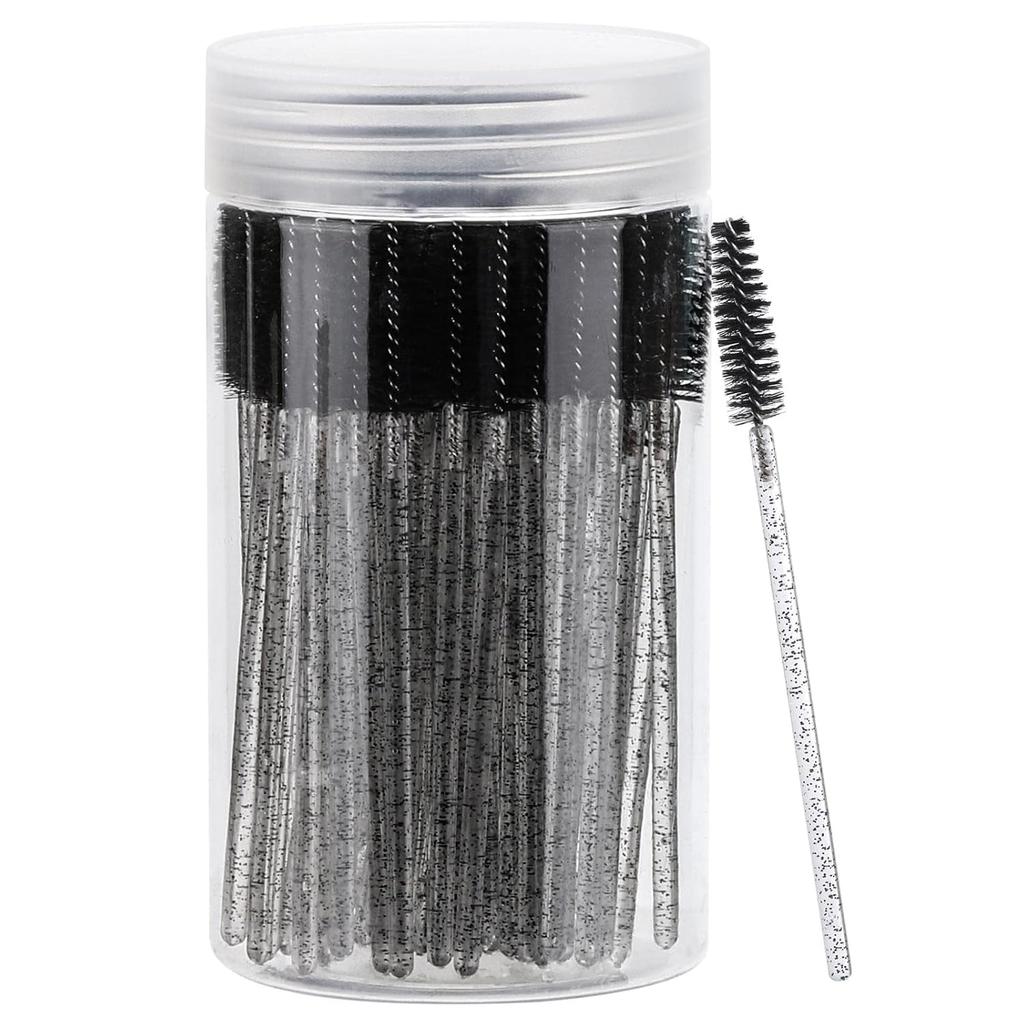 100 Pcs Disposable Mascara Wands & Crystal Eyebrow Spoolies Brush for Eyelash Extensions Pink Lash Brushes Container