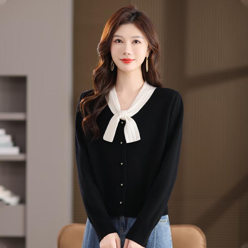 Women's 100% Wool Bow-Knot Collar Knitted Cardigan