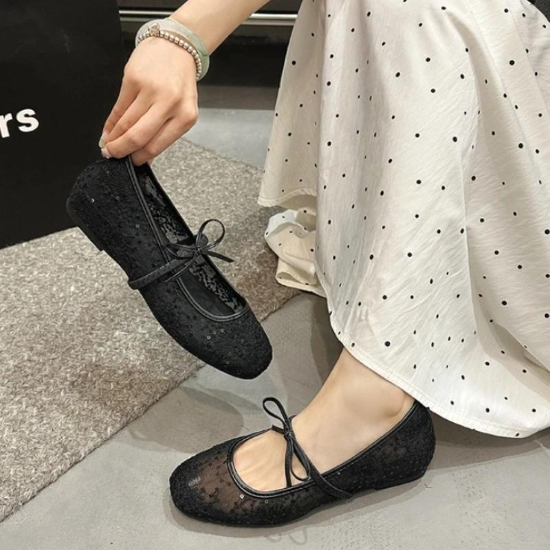 

Женские 2025 Лето Новые Балетки Простой Бант Мода Сетка Дышащие Балетные На шнуровке Удобные Женские Сандалии Zapatillas Mujer 35 чёрный