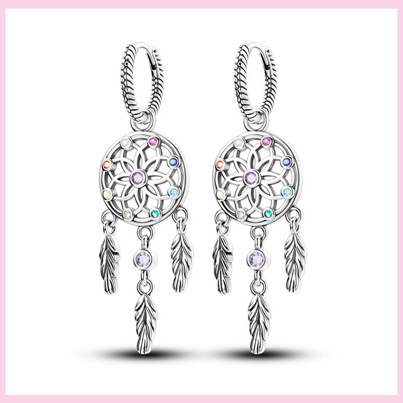 925 Silver Colorful Feathers Drop Earrings Dream Catcher Bohemia Asymmetry Dangle Earrings Original Wedding Jewelry For Women