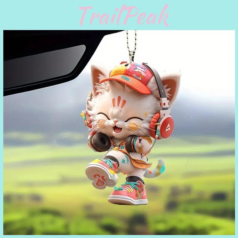 Cute Listening To Music Colorful Cat Pattern, Acrylic Pendant For Fun Vehicle Accessory