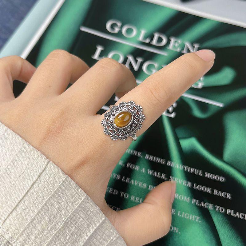 S925 Sterling Silver Retro Thai Silver Colored Treasure Ring Female Court Hollow Pattern Multi-Colored Natural Gemstone Index Finger Ring