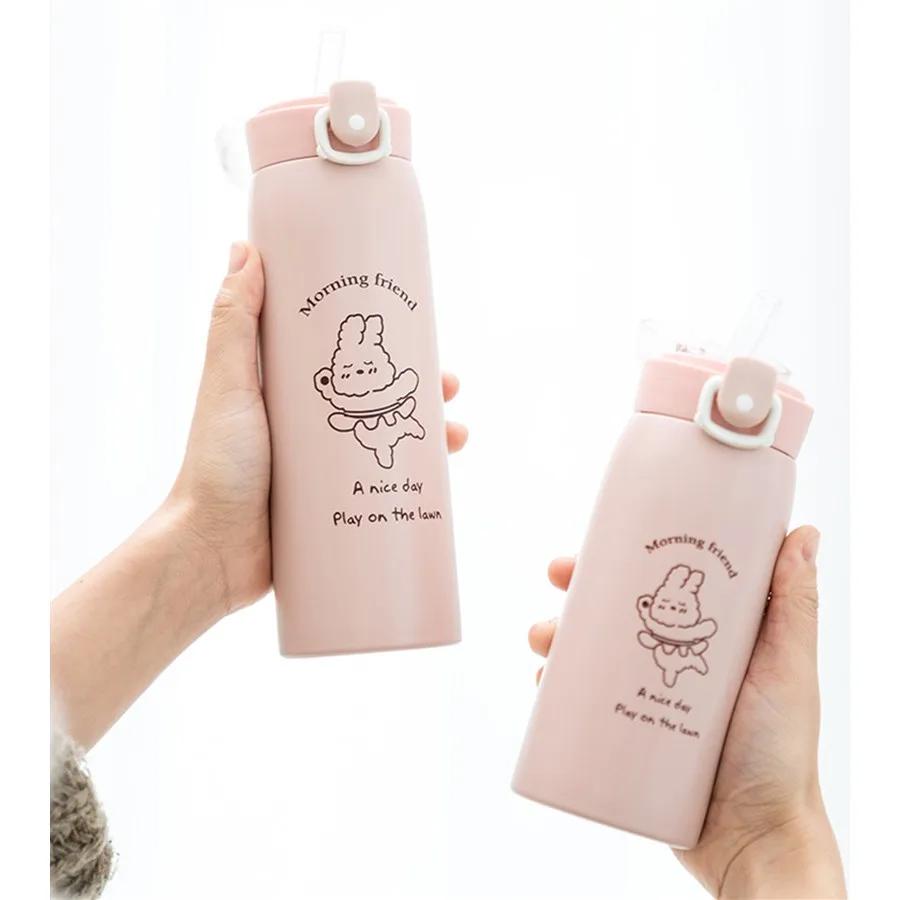 350/500ml Cute Cartoon Straw Insulated Water Bottle, 316 Stainless Steel Vacuum Flask with Strap for Girls Kids