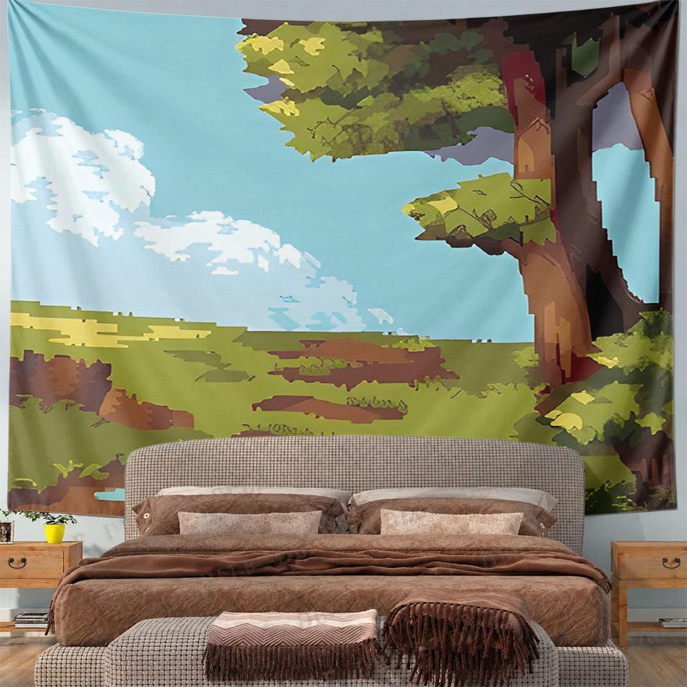 Pixelated Scenic Landscape with Trees Pattern Wall Hanging Tapestry Decorative Tapestry Home Decor for Bedroom and Living Room