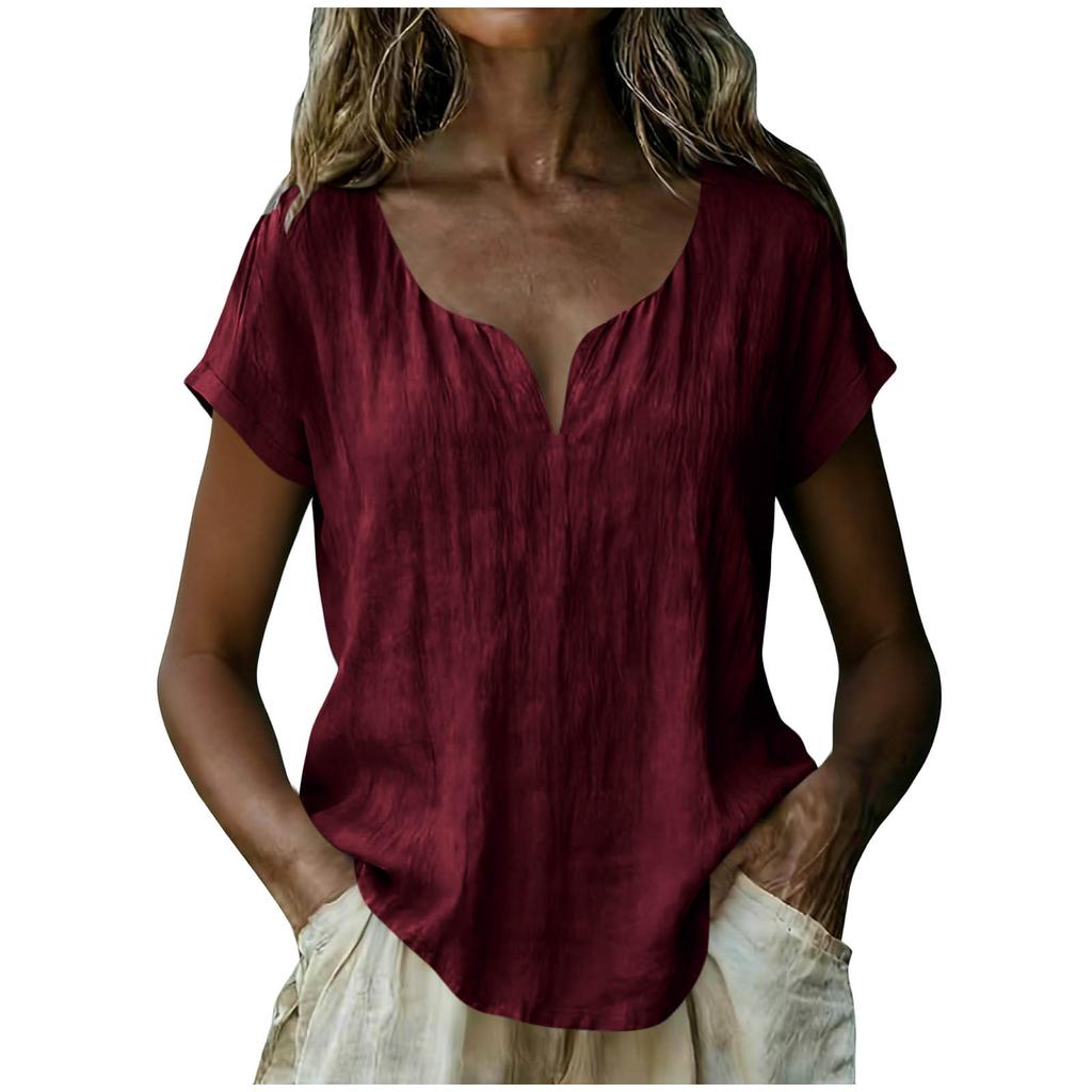 Women's Loose-Fit Fashionable Cotton-Linen -Color V-Neck Casual Top