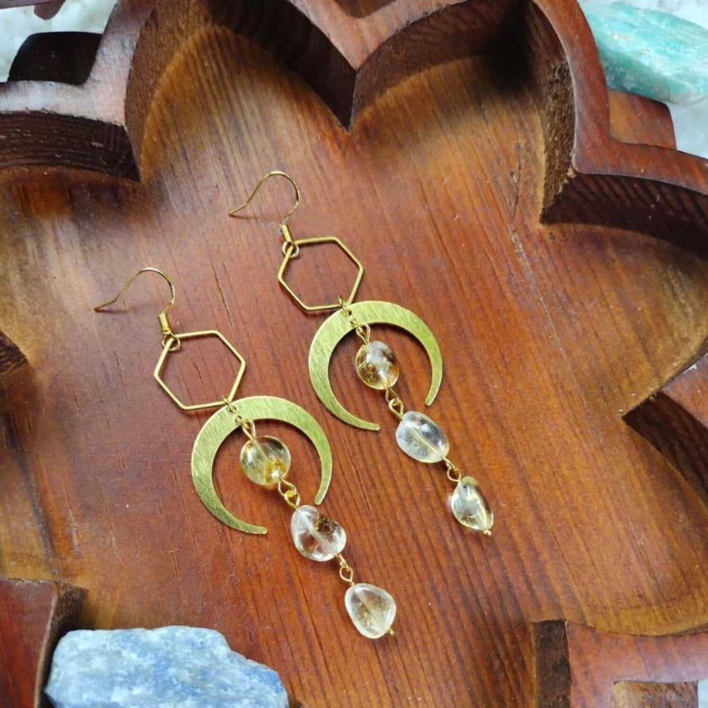 Nouveaux Boucles d'Oreilles Pendantes Charme Rétro Acier Inoxydable Couleur Dorée Croissant de Lune Étoile Améthyste Irrégulière pour Femmes Bijoux Magiques Bohèmes