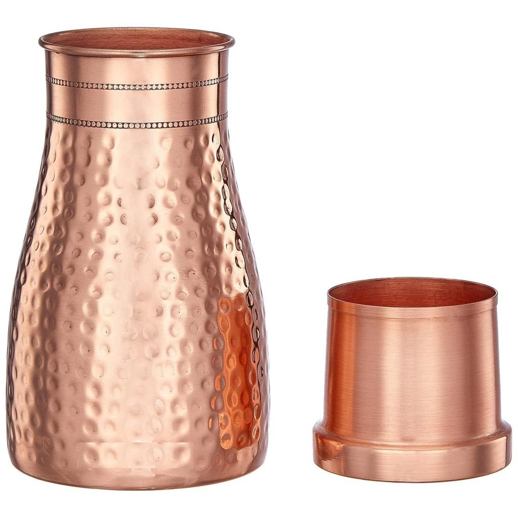 Copper Water Bottle  Bedside Bottle with Glass  Hammered Finish 1000 Ml