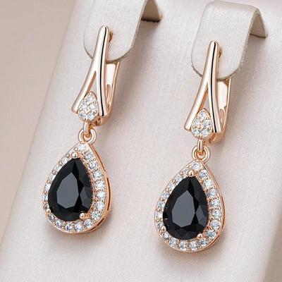 Boucles d'oreilles pendantes en forme de poire en zircon noir, dorées, pour femmes, bijoux vintage tendance, accessoires de fête