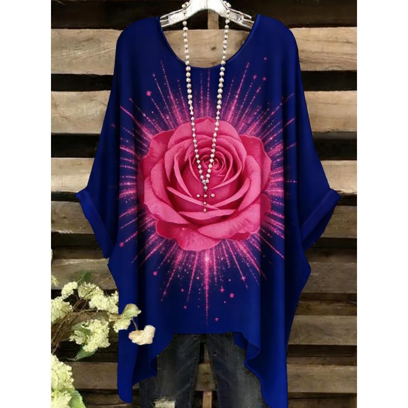 

Summer Top Women New Arrival Elegant Vacation Style Plus Size Simple Casual Meteor Pattern Print Irregular Hem Round Neck T-Shir 5XL