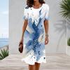 Women Plus Size Round Neck Short Sleeve Blue Beige White Printed A Line Dress