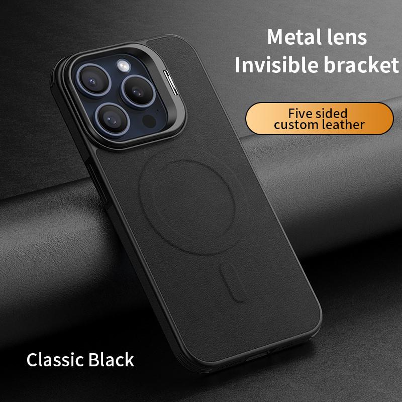 

Hidden Bracket Metal Len Leather Case for iPhone 16 Pro Max 15 Pro 14 13 Magnetic Charging Mobile Phone Protection Hard Cover For iPhone 16 Pro Max чёрный