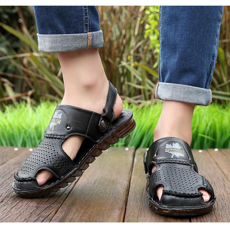 2025 Summer Shoes Mens Genuine Leather Sandals Fashion Brand Male Footwear Flat Non-slip Cow Leather Summer Holiday Shoes
