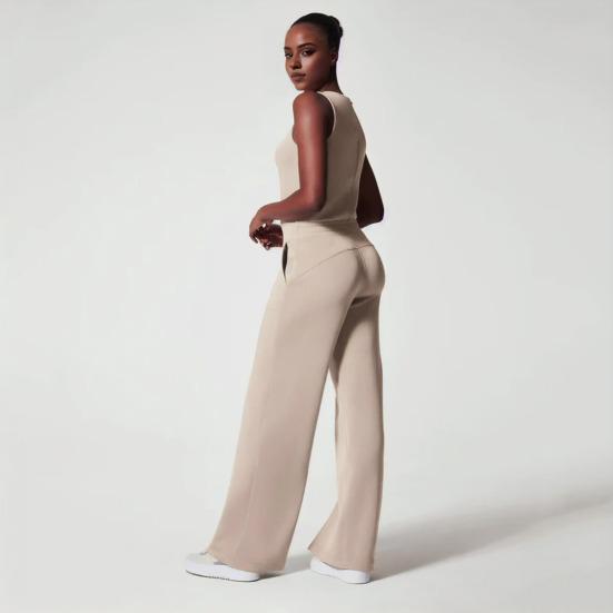 Kadın Yaz Tulum Yuvarlak Boyun Kolsuz İpli Yüksek Elastik Bel Düz Renk Geniş Bacak Yumuşak Nefes Spor Gidip Günlük Tulum