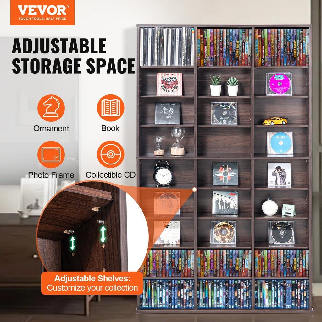 Media Storage Cabinet 9 Layers Adjustable DVD Shelves 756 CDs Espresso