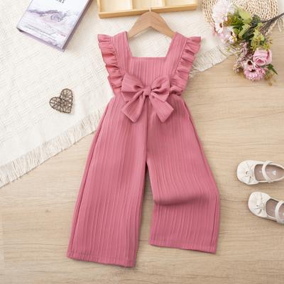 Girls' Summer Pure-color Versatile Jumpsuit, Ruffle Bowknot Jumpsuit, Princess Style Jumpsuit, Suitable for Little Girls