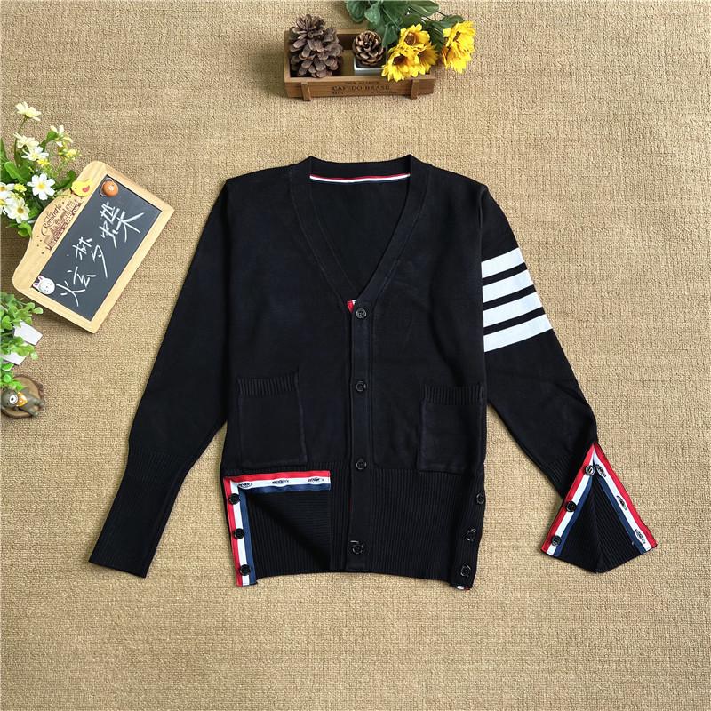 Four-Bar Stripe Unisex Knitted Cardigan - Loose Fit, College Style, Plus Size, Perfect for Spring and Autumn.