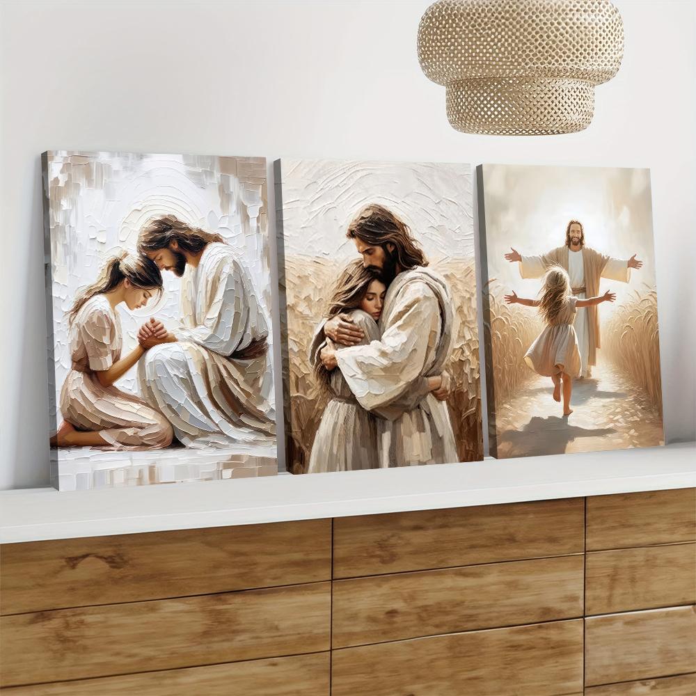 Moderne Minimalistische Religieuze Figuur Decoratieve Schilderijen van Jezus en Biddend Meisje Olieverf Stijl Schilderij op Canvas Woonkamer