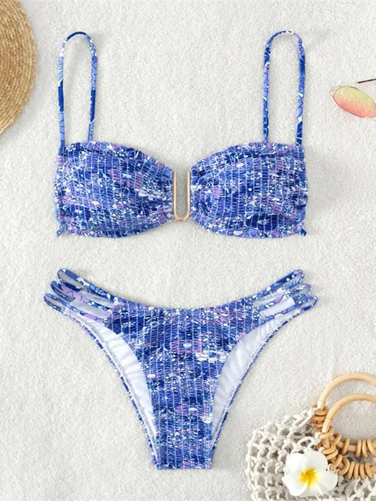 Sexy Pleate Micro Bikini Women U Neck Push Up Orange Floral Print Micro Swimsuit 2026 Summer Bathing Suit Lace Up Thong Swimwear