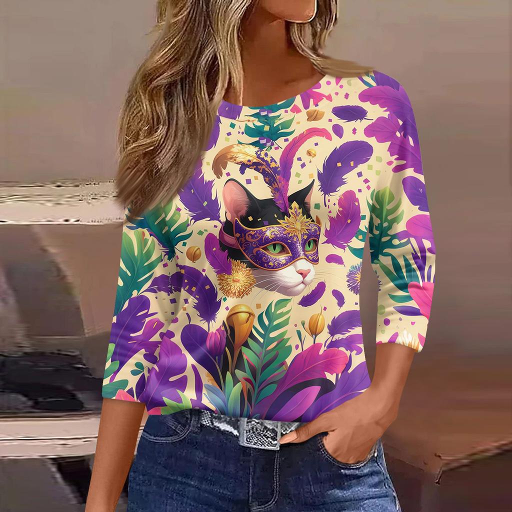 3/4 Length Sleeve Womens Tops Floral Print Vintage Fashion Casual Loose With Round Neck Plus Size Shirts