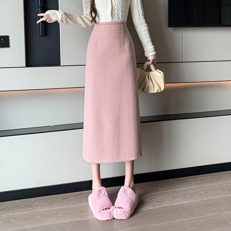 Women's 2025 Pink Wool High-Waist A-Line Midi Skirt for Autumn and Winter