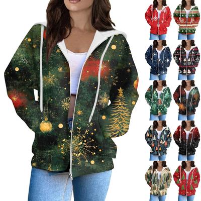 Kadın Modası Rahat Noel Baskılı Uzun Kollu Sweatshirt Cep Ceket Fermuarlı Kapşonlu Mont