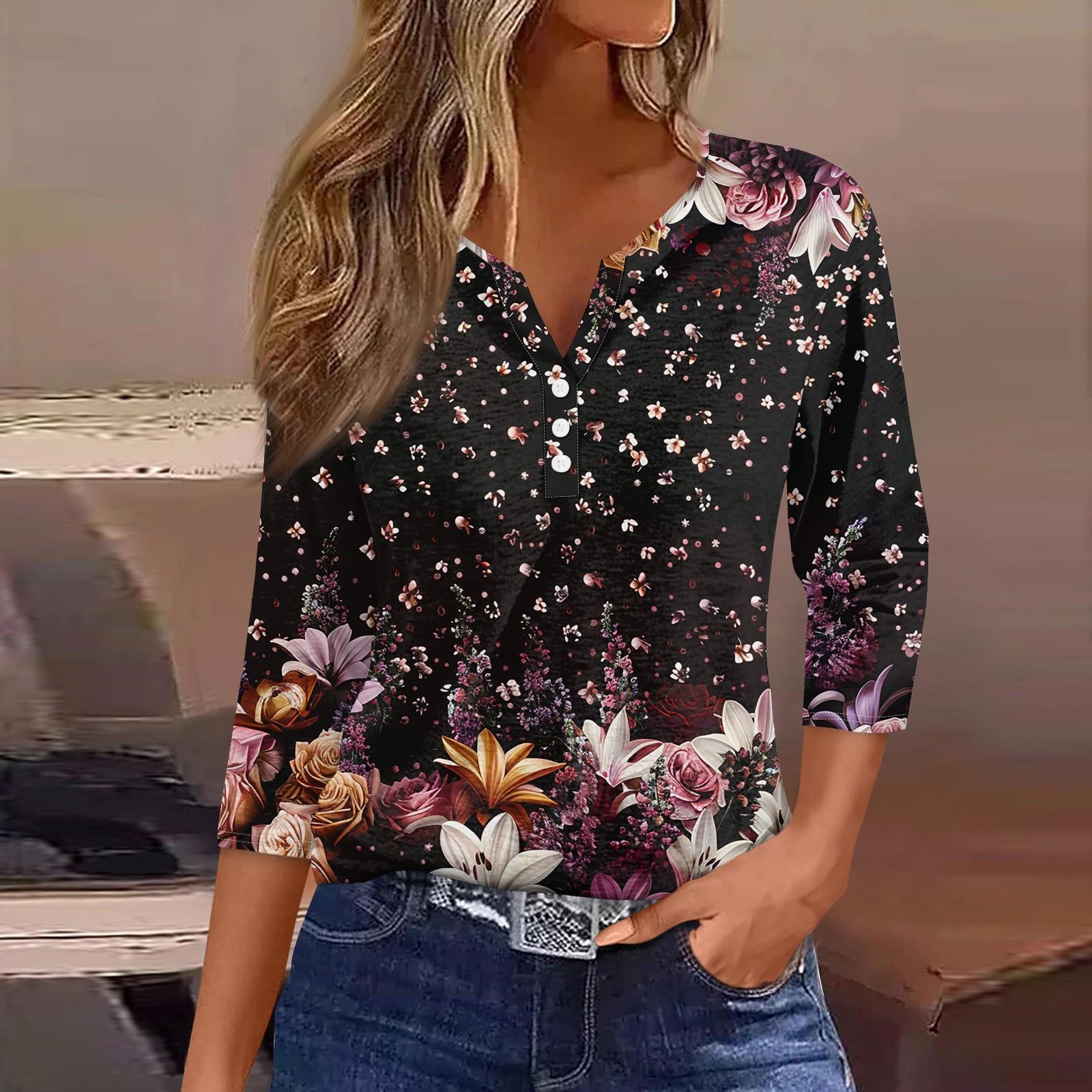 

Жен. Футболка Футболка С принтом Пуговицы Рукав 3/4Ежедневно Выходные Мода Классический Топ с v-образным вырезом Обычный XL