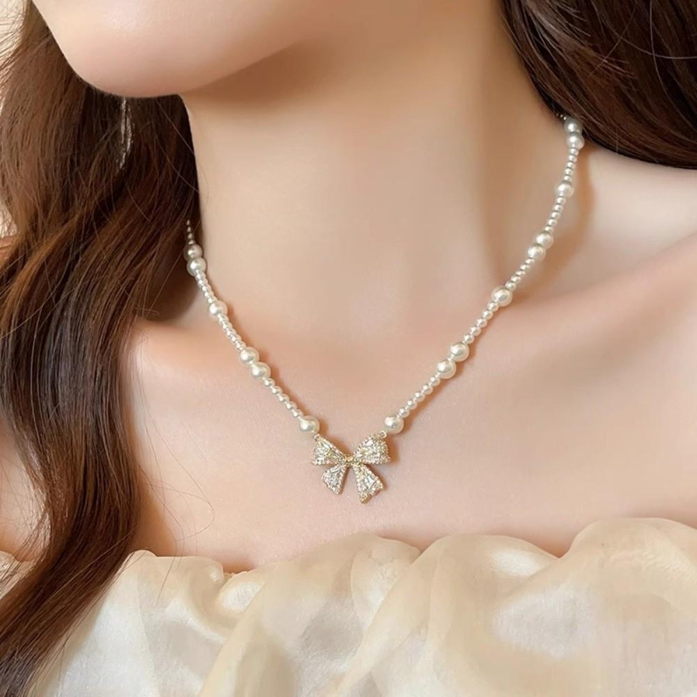 Pearl Silver Bowknot Necklace Pendant Simple Pendant Chain Bow Necklace Pendant  Wedding