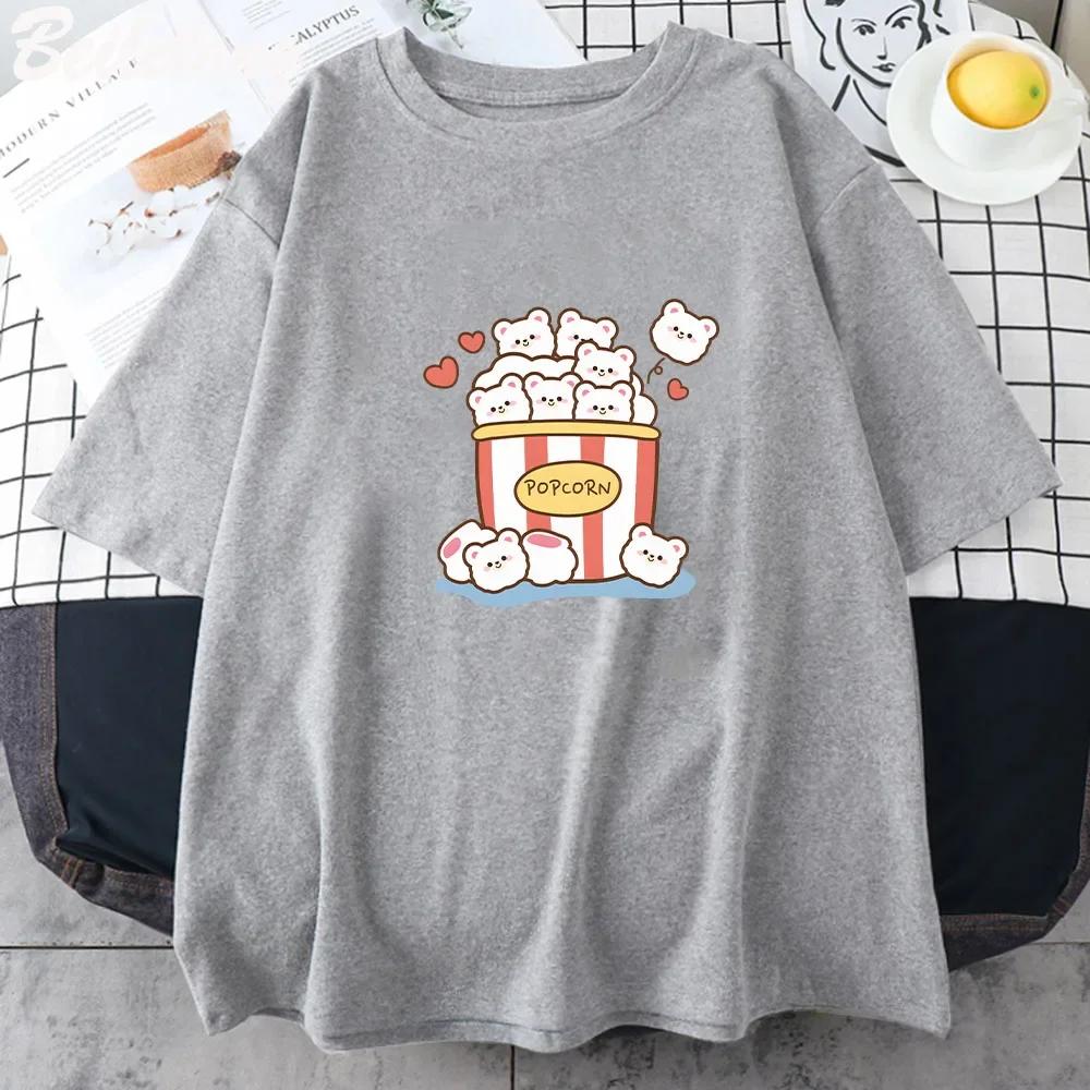Linda camiseta de palomitas de maíz kawaii para mujer, lindas camisetas gráficas de dibujos animados, unisex, de verano, de algodón puro, ropa vintage Harajuku