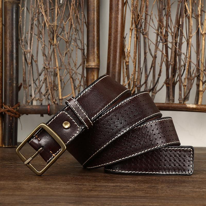 Belt Men's Retro Casual Cool Trendy All-Matching Hollow First Layer Cowhide Pin Buckle Genuine Leather Jeans Belt Men's