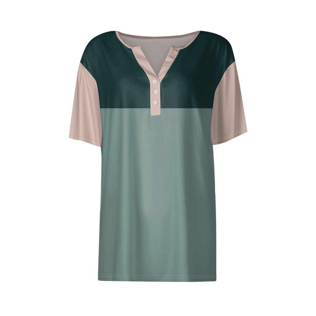 Camiseta feminina estampada botão manga curta diário fim de semana moda básica decote em v regular top verão