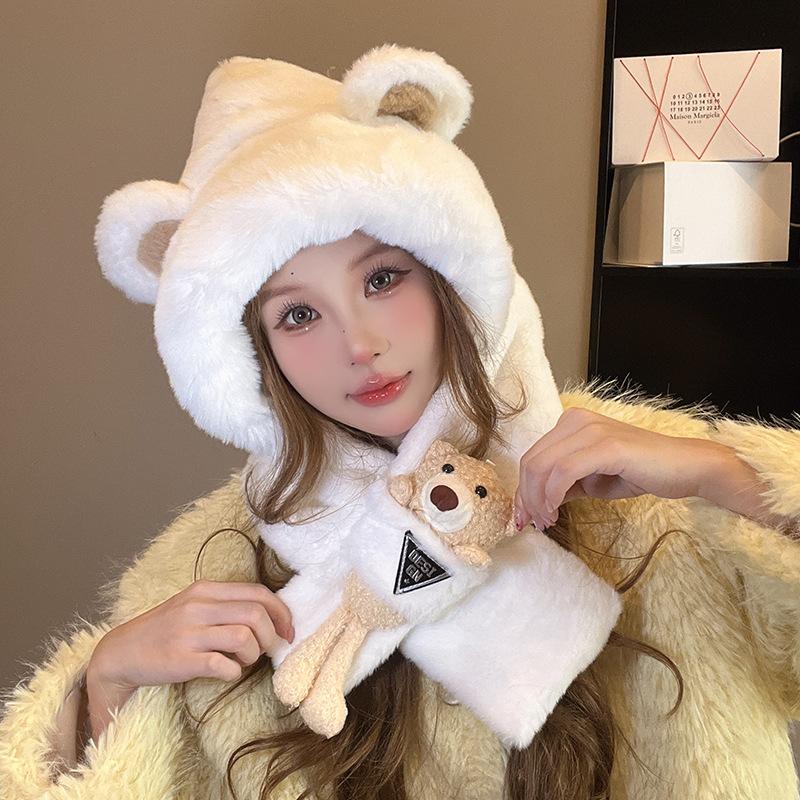 Bear Ear Hat Scarf Integrated for Women's Autumn and Winter Korean Version Versatile Cute Hooded Plush Warm Hat Trendy Lei Feng Hat