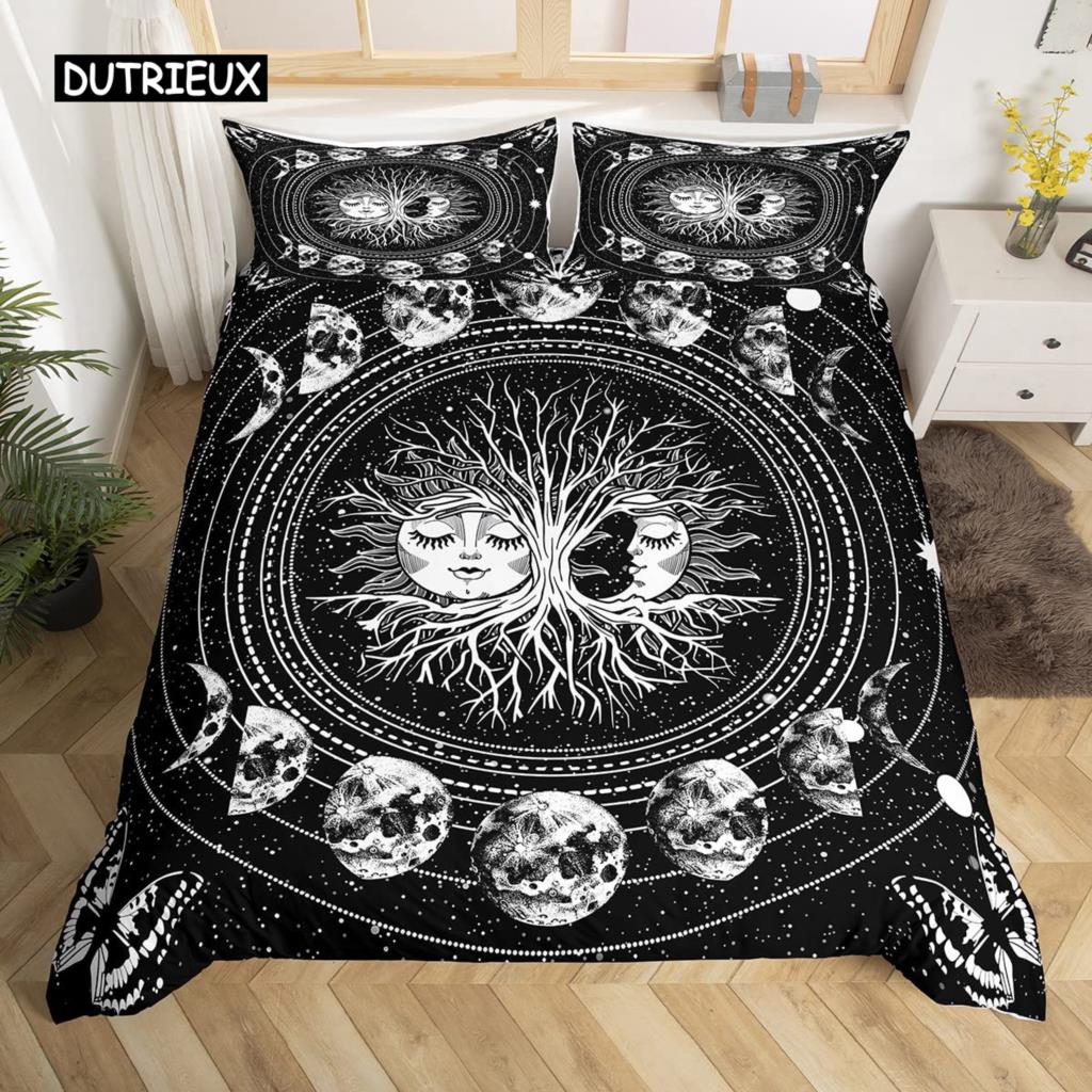 Mandala Duvet Cover Set Sun and Moon Comforter Cover Ties Exotic Style Black and White Botanical Floral Polyester Bedding Set