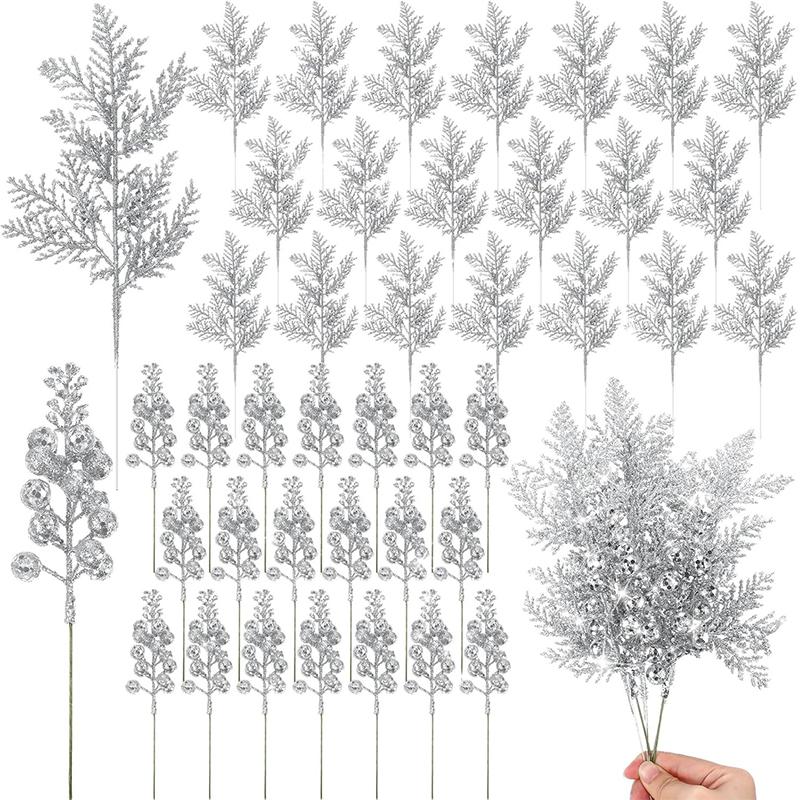 Glitter Christmas Decoration Artificial Berry Stalk Pine Needle Bouquet Christmas Tree Ornament Xmas DIY Wreath Gift Accessories