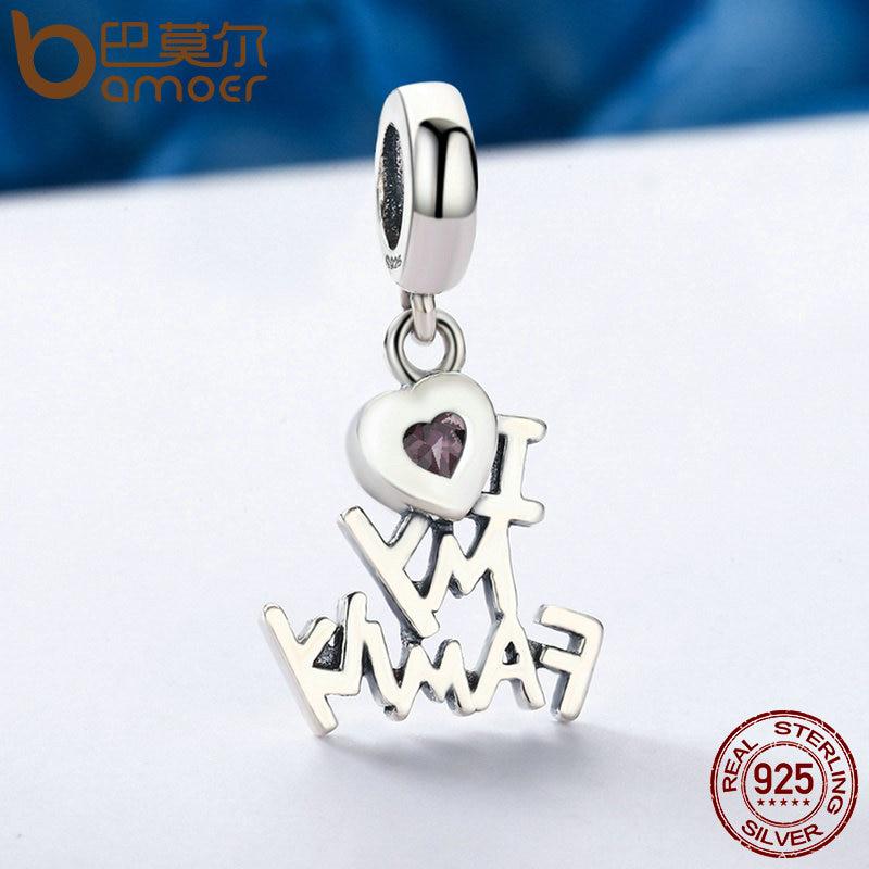Bamoer Genuine 925 Sterling Silver I Love My Family Heart Dangle Charms Fit Women Charm Bracelets