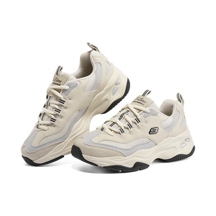Skechers D'Lites 4.0 Women Natural Color Low Top Dad Shoes Leather Lace Up 896144-NTBK
