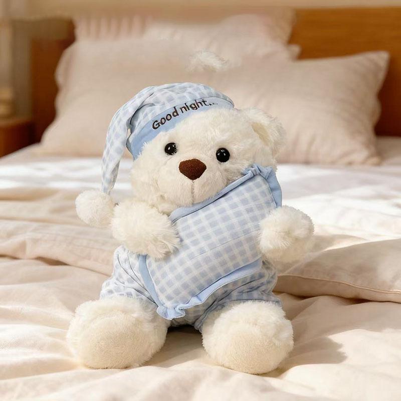 Orsacchiotto di Peluche Carino Buonanotte Orso Bianco Soffice Animale di Peluche Con Cuscino Pigiama E Berretto da Notte Bambola Orsacchiotto Kawaii