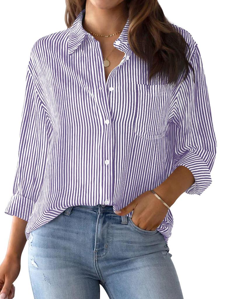 Women's Striped Long Sleeve Collared Button-Down Shirt with Pocket