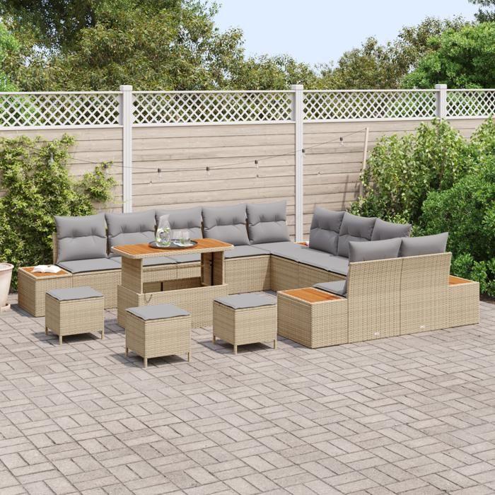 Ensemble de canapé de jardin vidaXL 14 pièces avec coussins Beige Poly Rotin Acacia, Ensemble de salle à manger de jardin 3362982