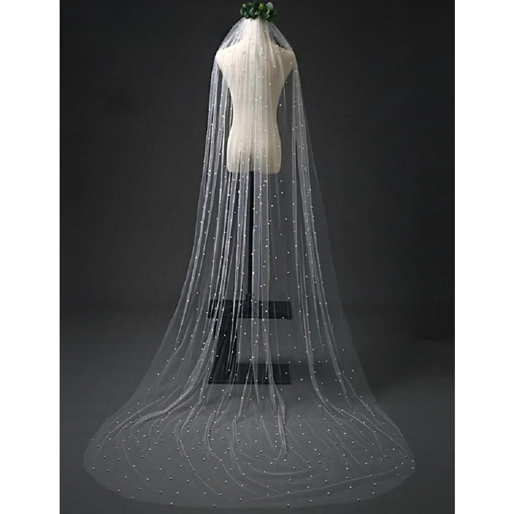 Elegant Pearl Beaded Bridal Cathedral Veil, Long Train Tulle Shawl Wrap Wedding Accessories for Bride Length 230cm