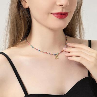 Beaded Necklace Colorful Beads Bohemian Style Alphabet Pendant Adjustable Length Stainless Women Girls Personalized Initial Choker Necklace