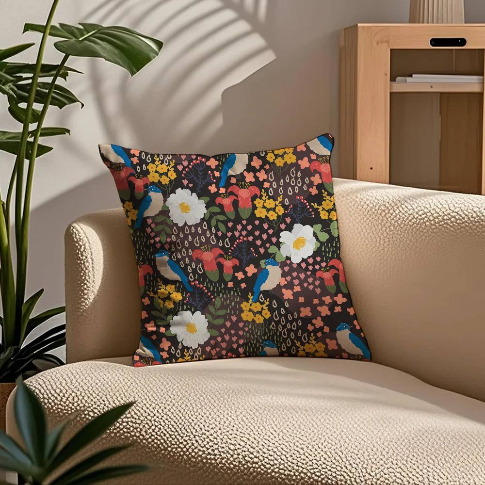 Birds Butterflies Flowers Pillow Case Comfort Sofa Bed Silky Elegant Invisible Zipper Custom Decorative Cushion Cover