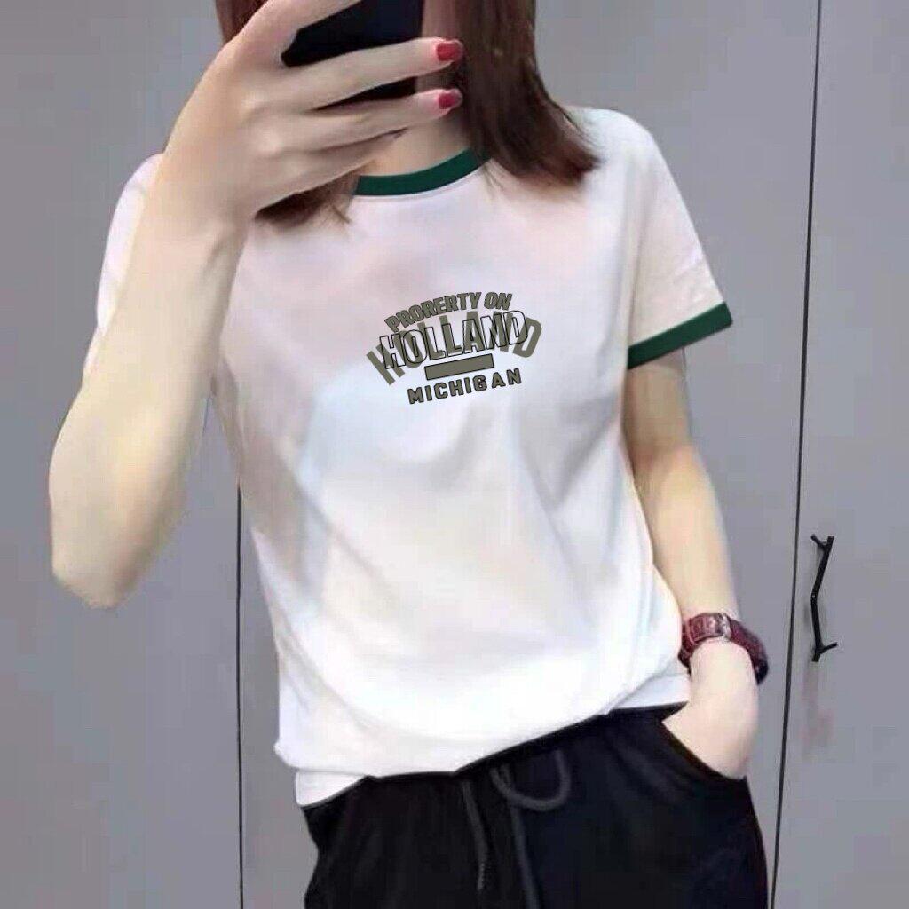 Summer 2026 Women's Color Block Letter Print Slimming Tee - Short Sleeve Round Neck Top