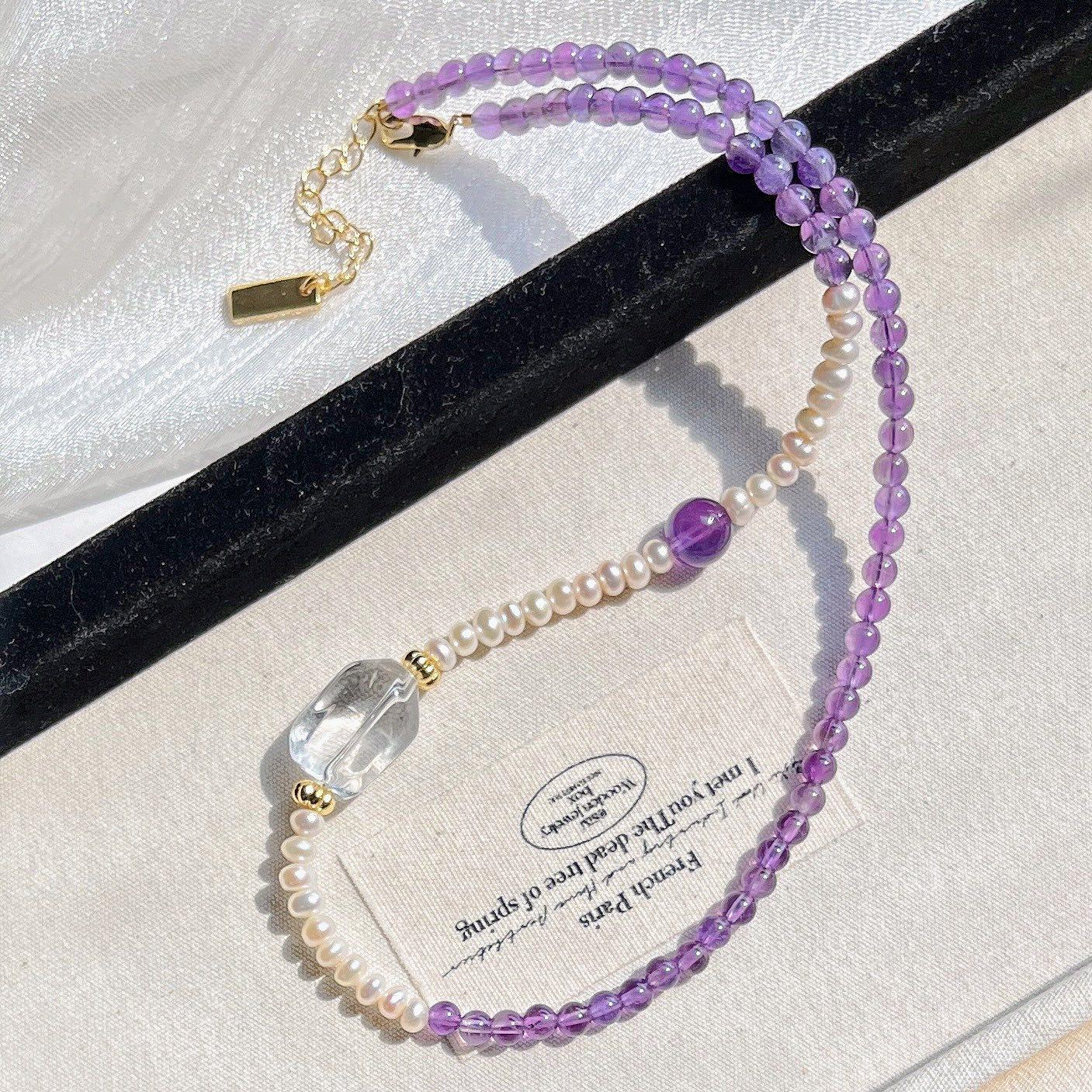 High Quality Natural Amethyst Freshwater Pearl White Crystal Clavicle Chain Necklace